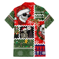 Red short-sleeve Hawaiian shirt with skeleton Santa and mixed holiday skull graphic panel