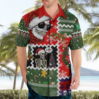 Red short-sleeve Hawaiian shirt worn by model with skeleton Santa skull front print