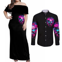 Sugar Skull Couples Matching Off Shoulder Maxi Dress and Long Sleeve Button Shirt My Attitude Is As Big As My Butt You've Been Warned - Wonder Print Shop
