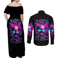 Sugar Skull Couples Matching Off Shoulder Maxi Dress and Long Sleeve Button Shirt My Attitude Is As Big As My Butt You've Been Warned - Wonder Print Shop