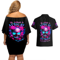Sugar Skull Couples Matching Off Shoulder Short Dress and Hawaiian Shirt My Attitude Is As Big As My Butt You've Been Warned - Wonder Print Shop