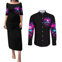 Sugar Skull Couples Matching Puletasi Dress and Long Sleeve Button Shirt My Attitude Is As Big As My Butt You've Been Warned - Wonder Print Shop