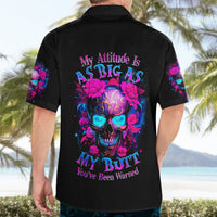 Black Hawaiian shirt with back print of neon sugar skull and slogan.