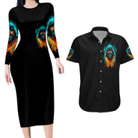 Flame Skull Couples Matching Long Sleeve Bodycon Dress and Hawaiian Shirt Never Mistake My Kindness For Weakness The Beast In Me Is Sleeping Noe Dead - Wonder Print Shop