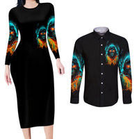 Flame Skull Couples Matching Long Sleeve Bodycon Dress and Long Sleeve Button Shirt Never Mistake My Kindness For Weakness The Beast In Me Is Sleeping Noe Dead - Wonder Print Shop