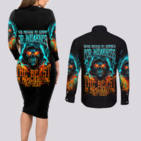 Flame Skull Couples Matching Long Sleeve Bodycon Dress and Long Sleeve Button Shirt Never Mistake My Kindness For Weakness The Beast In Me Is Sleeping Noe Dead - Wonder Print Shop