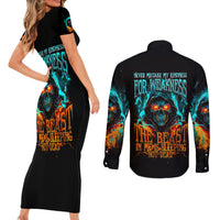 Flame Skull Couples Matching Short Sleeve Bodycon Dress and Long Sleeve Button Shirt Never Mistake My Kindness For Weakness The Beast In Me Is Sleeping Noe Dead - Wonder Print Shop