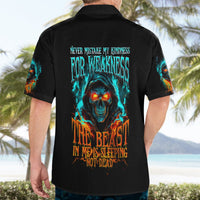 Black Hawaiian button-up shirt with flame skull back graphic, short sleeves