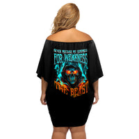 Flame Skull Off Shoulder Short Dress Never Mistake My Kindness For Weakness The Beast In Me Is Sleeping Noe Dead - Wonder Print Shop