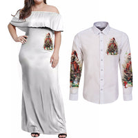 Skeleton Santa Claus Couples Matching Off Shoulder Maxi Dress and Long Sleeve Button Shirt On The Naughty List And I Regret Nothing - Wonder Print Shop