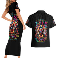 Flower Skull Couples Matching Short Sleeve Bodycon Dress and Hawaiian Shirt One Day Say Fuck Itt All And Let My Demons Out - Wonder Print Shop