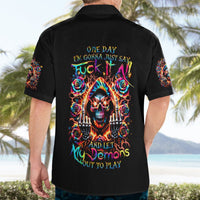 Black short-sleeve button-up shirt with colorful back skull, roses, and slogan graphic
