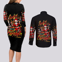 Skeleton Santa Claus Couples Matching Long Sleeve Bodycon Dress and Long Sleeve Button Shirt Rockin' Around The Christmas Tree - Wonder Print Shop