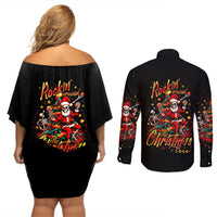 Skeleton Santa Claus Couples Matching Off Shoulder Short Dress and Long Sleeve Button Shirt Rockin' Around The Christmas Tree - Wonder Print Shop