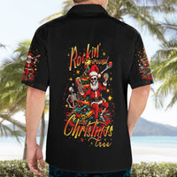 Black Hawaiian shirt with 'Rockin Around' skeleton Santa back graphic and tree