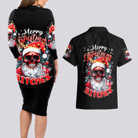 Skeleton Santa Claus Couples Matching Long Sleeve Bodycon Dress and Hawaiian Shirt Merry Christmas Bitches - Wonder Print Shop