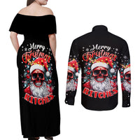 Skeleton Santa Claus Couples Matching Off Shoulder Maxi Dress and Long Sleeve Button Shirt Merry Christmas Bitches - Wonder Print Shop