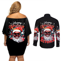 Skeleton Santa Claus Couples Matching Off Shoulder Short Dress and Long Sleeve Button Shirt Merry Christmas Bitches - Wonder Print Shop