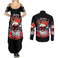 Skeleton Santa Claus Couples Matching Summer Maxi Dress and Long Sleeve Button Shirt Merry Christmas Bitches - Wonder Print Shop
