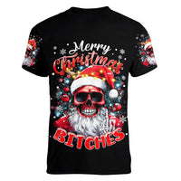 Skeleton Santa Claus Women V Neck T Shirt Merry Christmas Bitches - Wonder Print Shop