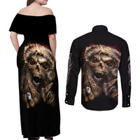 Skeleton Santa Claus Couples Matching Off Shoulder Maxi Dress and Long Sleeve Button Shirt Scary Skeleton Santa Claus Coming - Wonder Print Shop