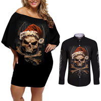 Skeleton Santa Claus Couples Matching Off Shoulder Short Dress and Long Sleeve Button Shirt Scary Skeleton Santa Claus Coming - Wonder Print Shop