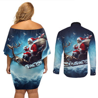 Skeleton Santa Claus Couples Matching Off Shoulder Short Dress and Long Sleeve Button Shirt Santa Claus Is Coming To Town - Wonder Print Shop