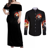 Skeleton Santa Claus Couples Matching Off Shoulder Maxi Dress and Long Sleeve Button Shirt The Devil Whispered To Me I'm Coming For You I Whisper Back Bring Beer - Wonder Print Shop