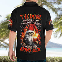 Black Hawaiian shirt back view with devil Santa skeleton holding a drink, “Bring Beer”