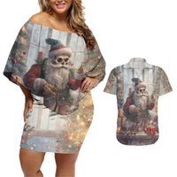 Skeleton Santa Claus Couples Matching Off Shoulder Short Dress and Hawaiian Shirt Repair For Christmas Santa Claus - Wonder Print Shop