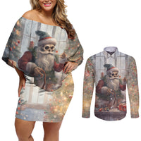 Skeleton Santa Claus Couples Matching Off Shoulder Short Dress and Long Sleeve Button Shirt Repair For Christmas Santa Claus - Wonder Print Shop