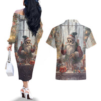 Skeleton Santa Claus Couples Matching Off The Shoulder Long Sleeve Dress and Hawaiian Shirt Repair For Christmas Santa Claus - Wonder Print Shop