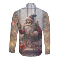 Skeleton Santa Claus Long Sleeve Button Shirt Repair For Christmas Santa Claus - Wonder Print Shop