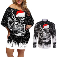 Skeleton Santa Claus Couples Matching Off Shoulder Short Dress and Long Sleeve Button Shirt Scary Skeleton Santa Claus Coming - Wonder Print Shop