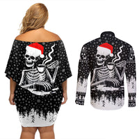 Skeleton Santa Claus Couples Matching Off Shoulder Short Dress and Long Sleeve Button Shirt Scary Skeleton Santa Claus Coming - Wonder Print Shop