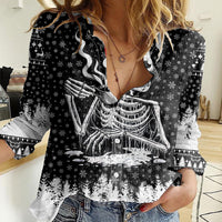 Skeleton Santa Claus Women Casual Shirt Scary Skeleton Santa Claus Coming - Wonder Print Shop