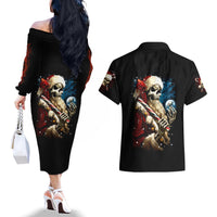 Skeleton Santa Claus Couples Matching Off The Shoulder Long Sleeve Dress and Hawaiian Shirt Santa Claus Is Coming To Town - Wonder Print Shop