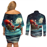 Skeleton Santa Claus Couples Matching Off Shoulder Short Dress and Long Sleeve Button Shirt Santa Claus Is Coming To Town - Wonder Print Shop