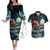 Skeleton Santa Claus Couples Matching Off The Shoulder Long Sleeve Dress and Hawaiian Shirt Santa Claus Is Coming To Town - Wonder Print Shop
