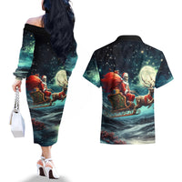 Skeleton Santa Claus Couples Matching Off The Shoulder Long Sleeve Dress and Hawaiian Shirt Santa Claus Is Coming To Town - Wonder Print Shop