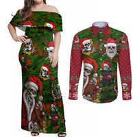 Skeleton Santa Claus Couples Matching Off Shoulder Maxi Dress and Long Sleeve Button Shirt Multi Skeleton Santa Pattern Ugly Christmas - Wonder Print Shop