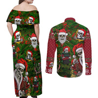Skeleton Santa Claus Couples Matching Off Shoulder Maxi Dress and Long Sleeve Button Shirt Multi Skeleton Santa Pattern Ugly Christmas - Wonder Print Shop