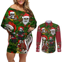 Skeleton Santa Claus Couples Matching Off Shoulder Short Dress and Long Sleeve Button Shirt Multi Skeleton Santa Pattern Ugly Christmas - Wonder Print Shop