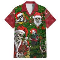 Green Hawaiian shirt with skeleton Santa and holiday tree print, short-sleeve button front