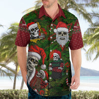 Green Hawaiian shirt with skeleton Santa collage print, maroon collar, short-sleeve button front