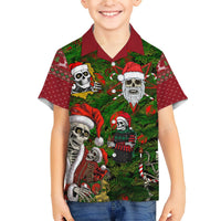 Kids green Hawaiian shirt with skeleton Santa and elf print, maroon collar, short-sleeve buttons