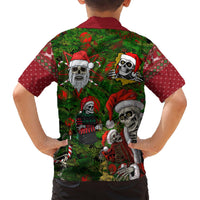 Green Hawaiian shirt with skeleton Santa print, maroon collar, short-sleeve button front (back view)