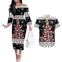 Skull Santa Couples Matching Off The Shoulder Long Sleeve Dress and Hawaiian Shirt Tree Skull Santa Ugly Christmas - Wonder Print Shop