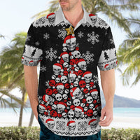 Black short-sleeve Hawaiian shirt with red-and-white skull graphic and snowflake print