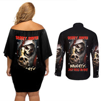 Skeleton Santa Claus Couples Matching Off Shoulder Short Dress and Long Sleeve Button Shirt Sorry Santa Naughty Just Feels So Nice - Wonder Print Shop